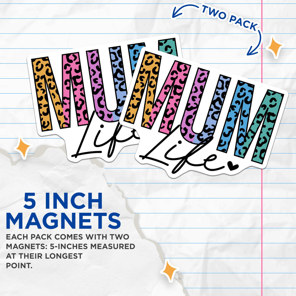 (2 Pack) Leopard Print Mum Life Magnets - Colorful Mum Magnets - Fun Leopard Pattern Magnets - 5" On Longest Side - for Cars, Refrigerators, Toolboxes, Lockers - Made in USA BMCS3531