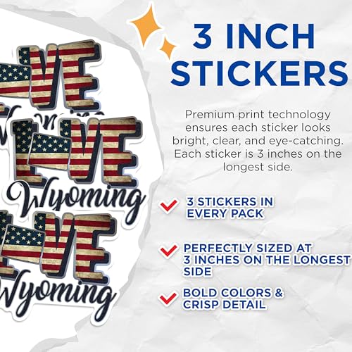 (3 Pack) Wyoming Decals - Patriotic State Pride - American Flag Stickers - 3 Inches On Longest Side - Easy Peel & Apply - Made in USA - 3MCS0341