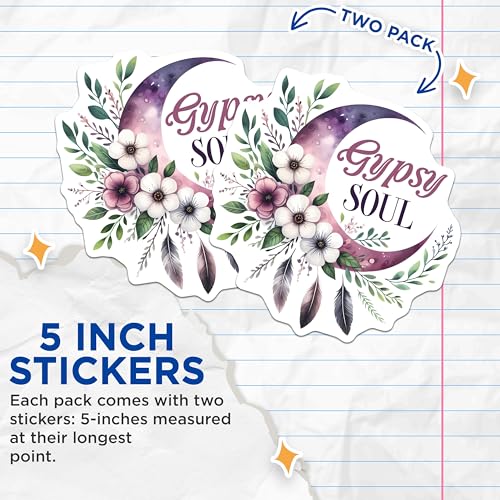 (2 Pack) Gypsy Soul Stickers - Bohemian Moon - Floral Feather - 5" On Longest Side - Sticks to Smooth Flat Surfaces - Made in USA - BMCS7546