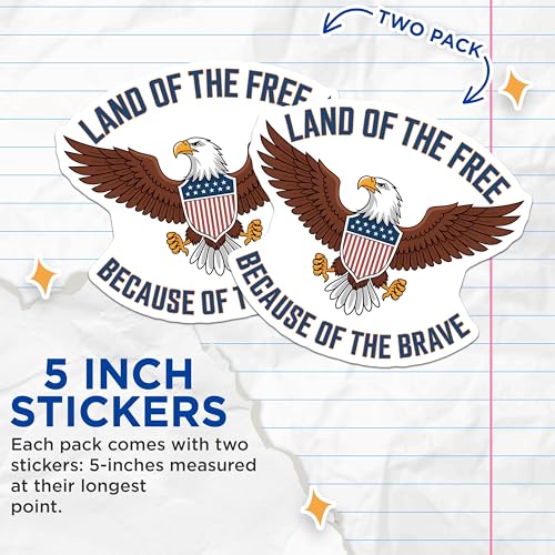 (2 Pack) Land of The Free Stickers - Eagle Stickers - Patriotic Stickers - 5" On Longest Side - Sticks to Smooth Flat Surfaces - Made in USA - BMCS3888