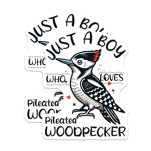 (2 Pack) Just A Boy Who Loves Pileated Woodpecker Stickers - Cute Bird Decal - Nature Lover Sticker Pack - 5" On Longest Side - Sticks to Smooth Flat Surfaces - Made in USA - BMCS6329