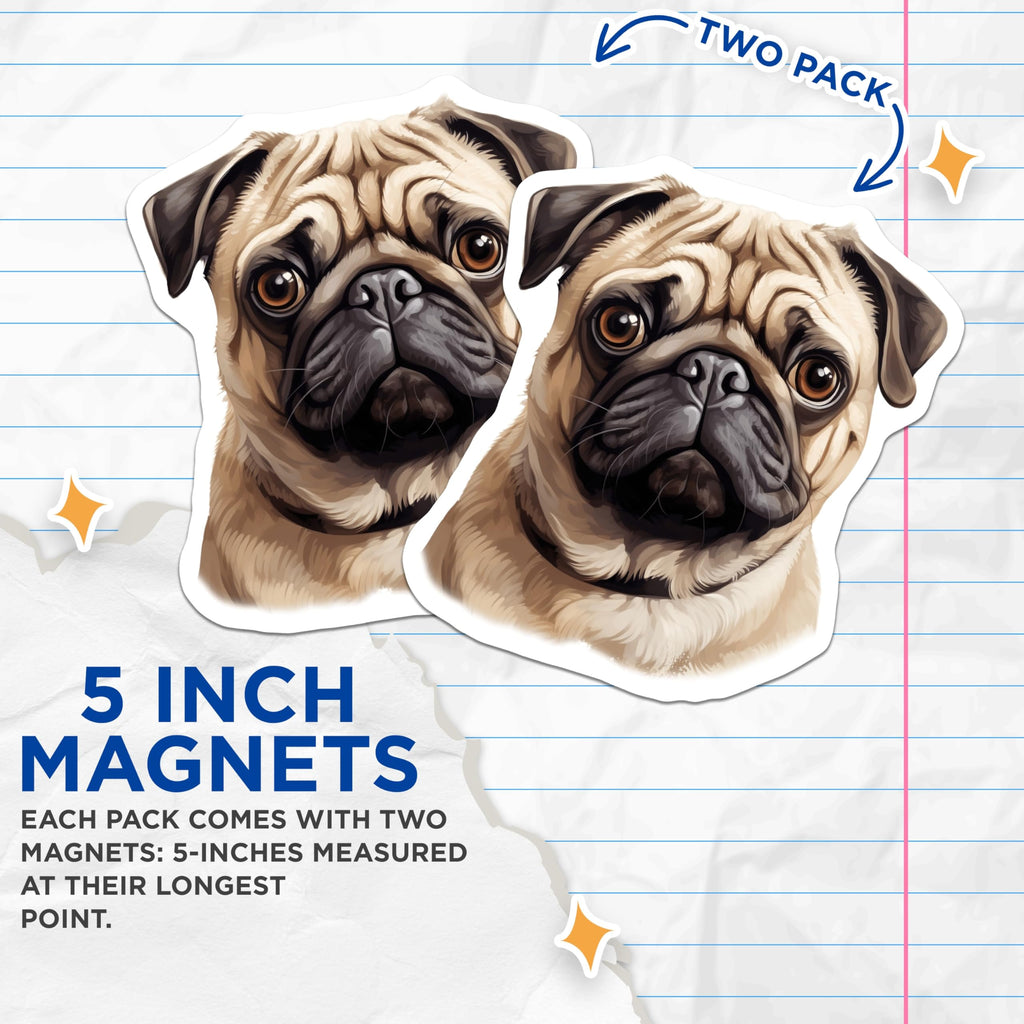 (2 Pack) Pug Dog Magnets - Adorable Pet Puppy Art - Fridge Locker Decor - Dog Breed Lover Collectible - 5 Inches On Longest Side - Thick Durable Magnet - Made in USA - MAG23599