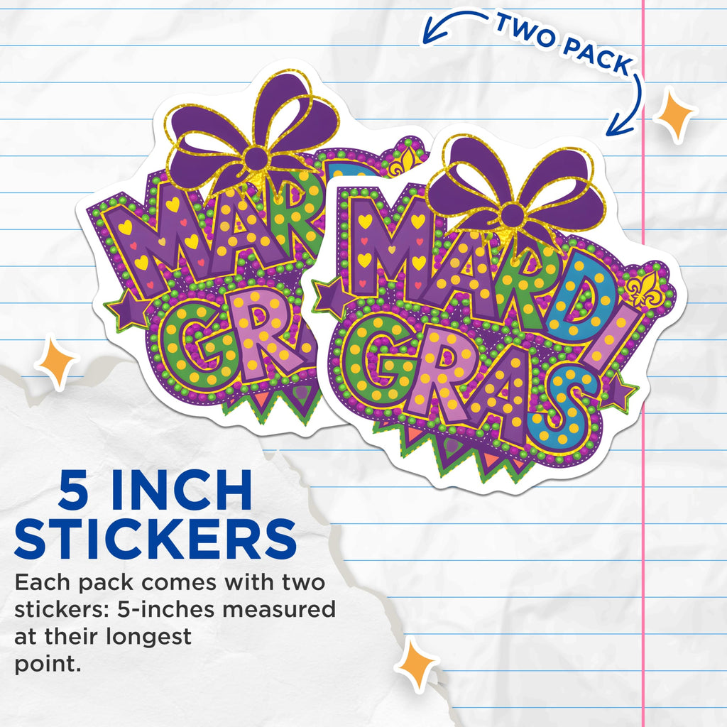 (2 Pack) Mardi Gras Stickers - Celebration Stickers - Carnival Party Decor - 5" On Longest Side - Sticks to Smooth Flat Surfaces - Made in USA - BMCS14360