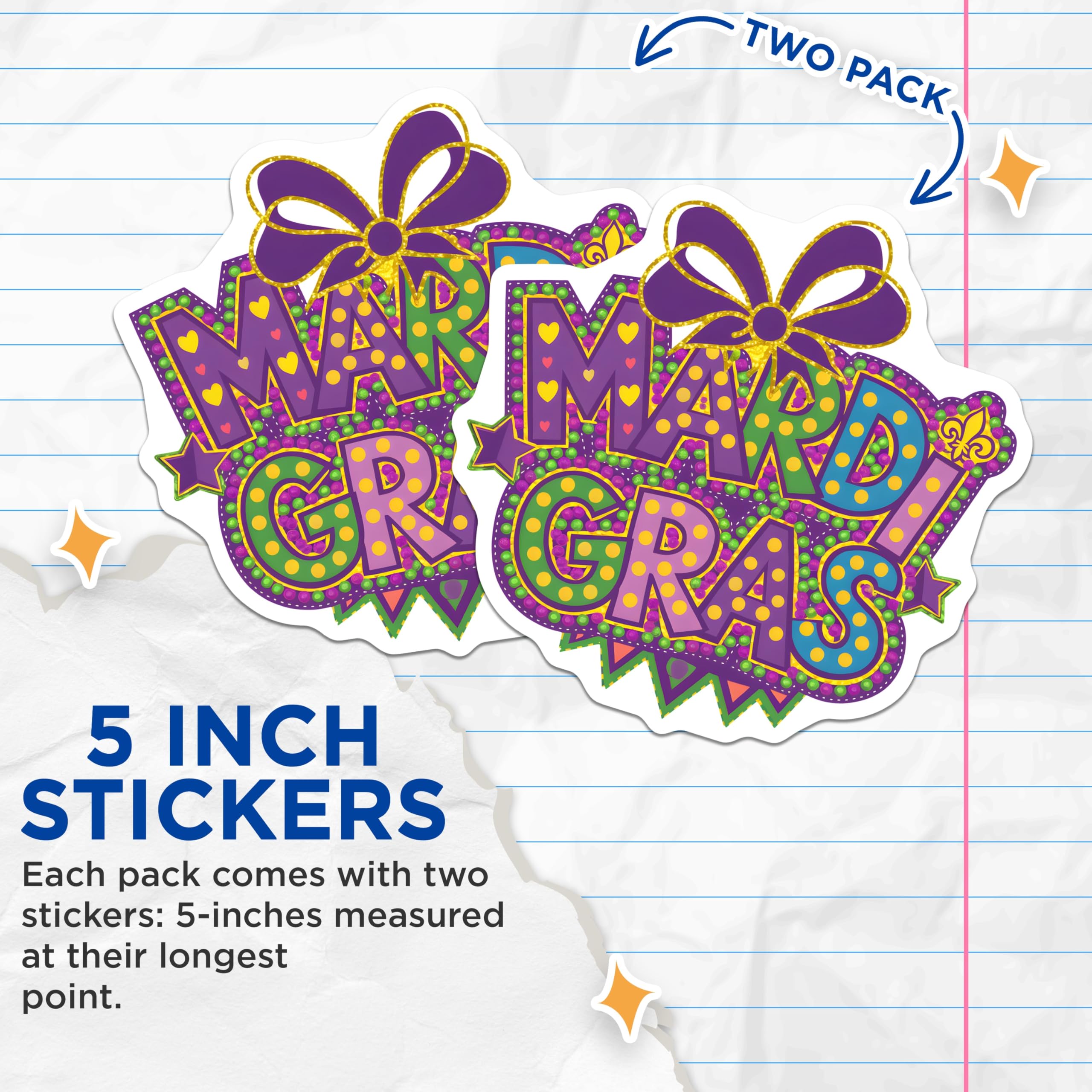 (2 Pack) Mardi Gras Stickers - Celebration Stickers - Carnival Party Decor - 5" On Longest Side - Sticks to Smooth Flat Surfaces - Made in USA - BMCS14360