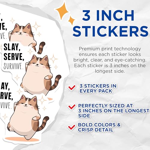 (3 Pack) Slay Serve Survive Decals - Funny Cat Meme - Laptop Decals - 3 Inches On Longest Side - Easy Peel & Apply - Made in USA - 3MCS4353