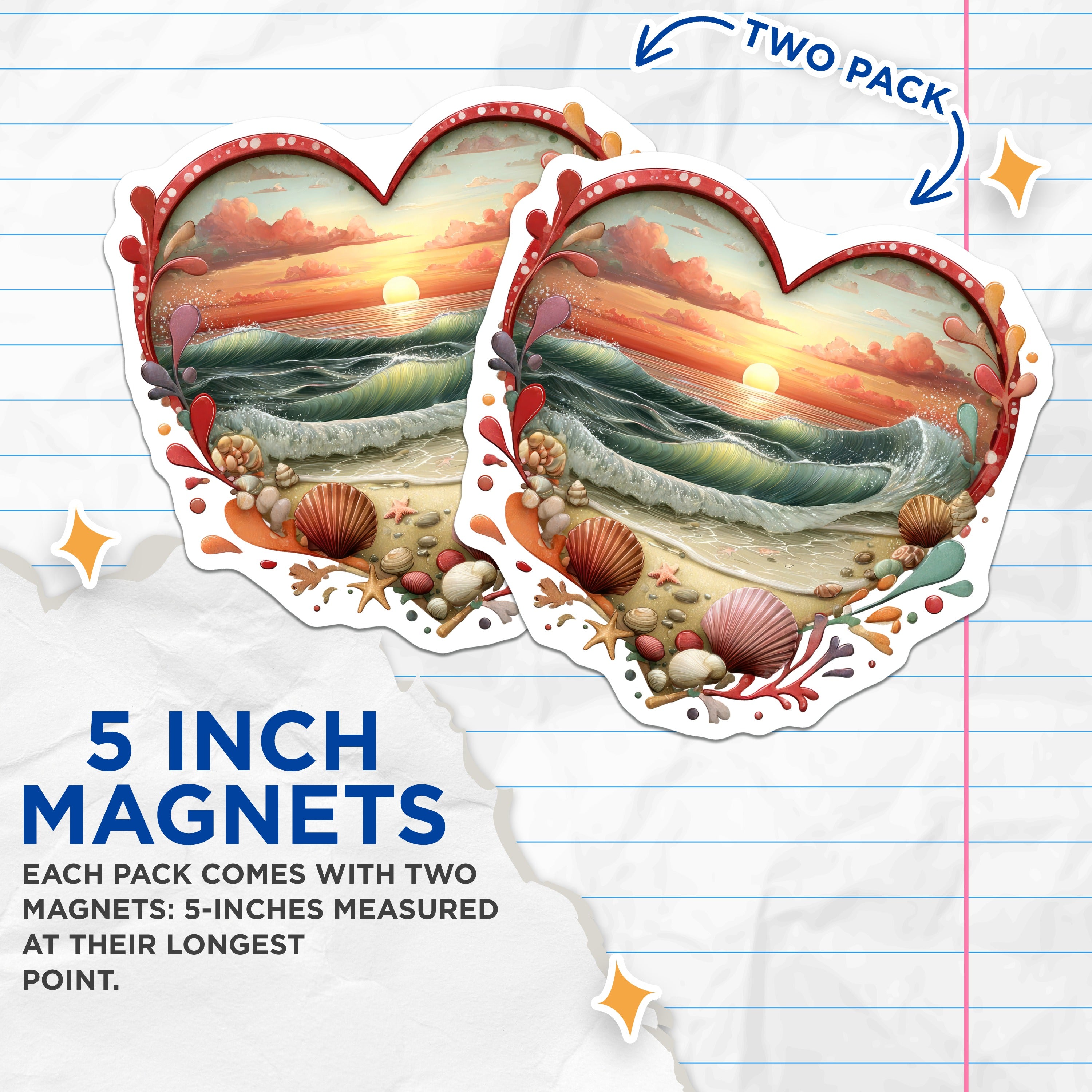 (2 Pack) Ocean Sunset Magnets - Beach Heart Decor - Summer Vibe Refrigerator Accent - Coastal Waves Fridge Art - 5 Inches On Longest Side - Thick Durable Magnet - Made in USA - MAG37851