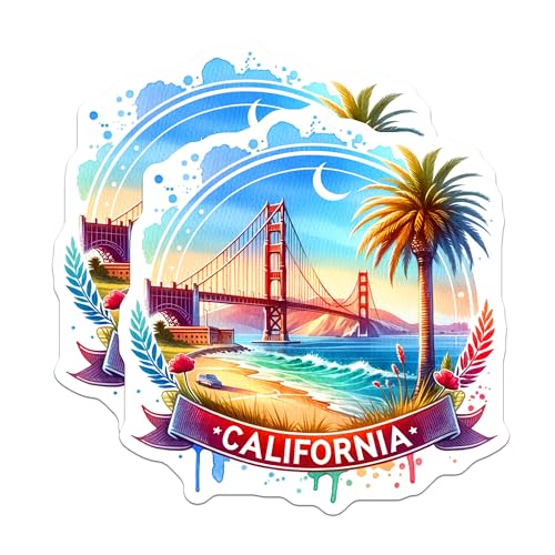 (2 Pack) California Magnets - Golden Gate Bridge Art - California Souvenir - Travel Memorabilia - Beach and Palm Tree Scene - 5" On Longest Side - for Cars, Fridges, Toolboxes - Made in USA - MAG7028