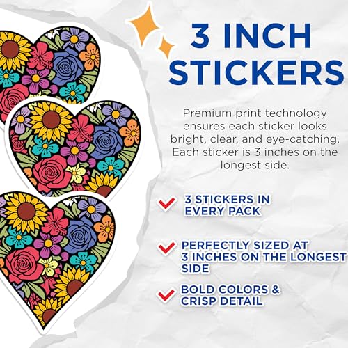 (3 Pack) Floral Heart Decals - Flower Laptop Decal - Botanical Stickers - 3 Inches On Longest Side - Easy Peel & Apply - Made in USA - 3MCS4842