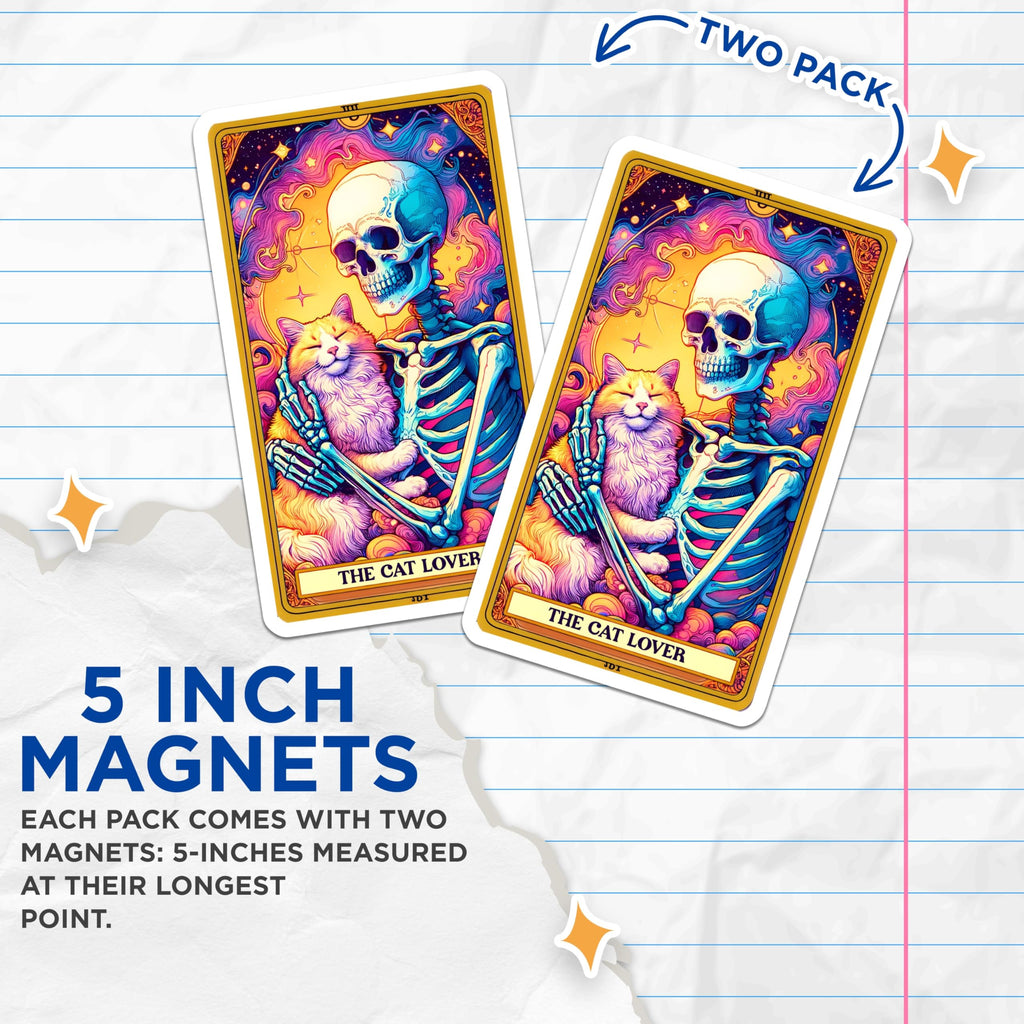 (2 Pack) Skeleton Cat Lover Magnets - Mystical Tarot Card Art - Whimsical Gothic Aesthetic - Unique Spooky Cute Decor - 5 Inches On Longest Side - Thick Durable Magnet - Made in USA - MAG21548