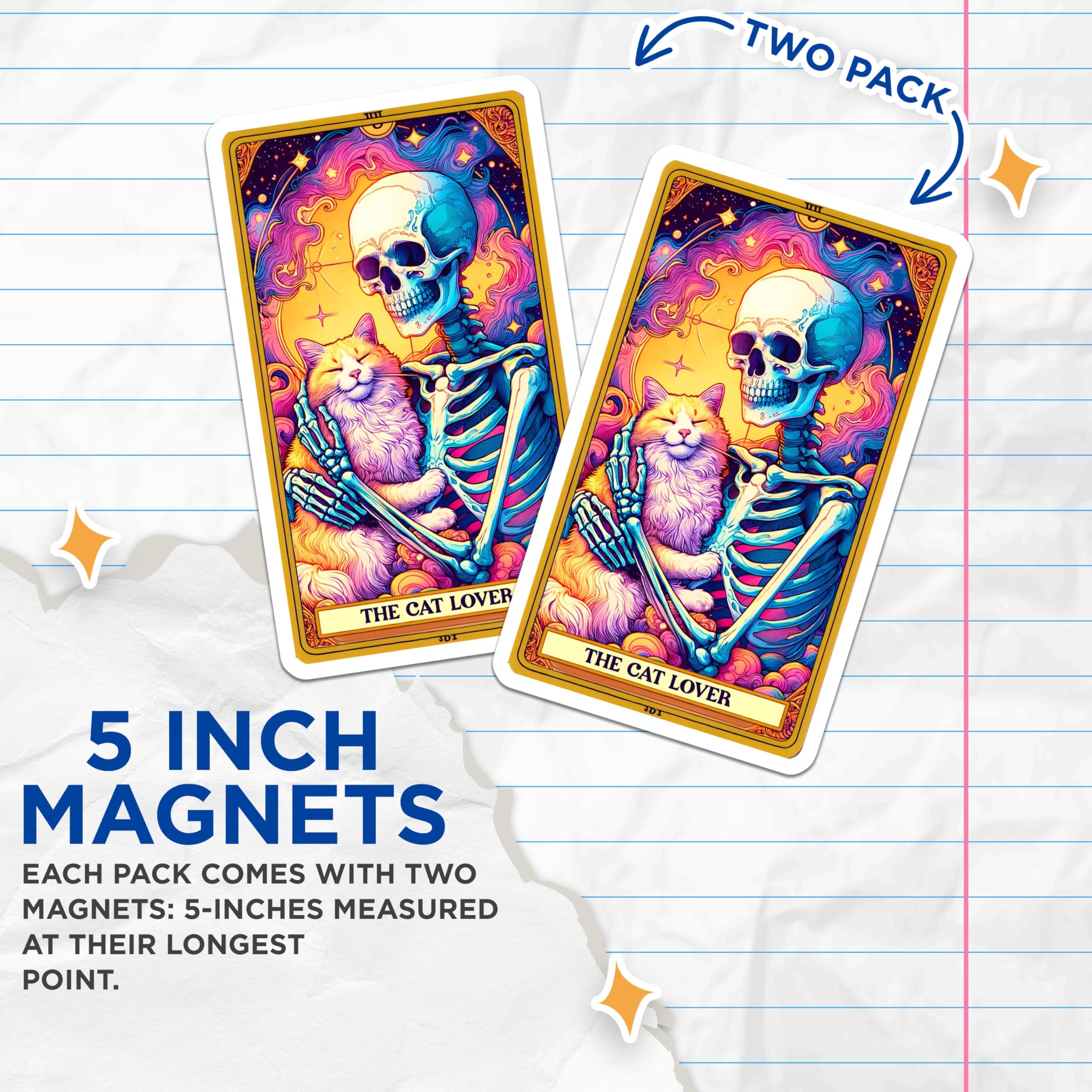 (2 Pack) Skeleton Cat Lover Magnets - Mystical Tarot Card Art - Whimsical Gothic Aesthetic - Unique Spooky Cute Decor - 5 Inches On Longest Side - Thick Durable Magnet - Made in USA - MAG21548