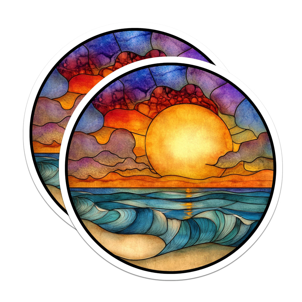 (2 Pack) Stained Glass Ocean Magnets - Sunrise Seascape Design - Vibrant Coastal Art Boho Fridge Accessories - 5 Inches On Longest Side - Thick Durable Magnet - Made in USA - MAG28950