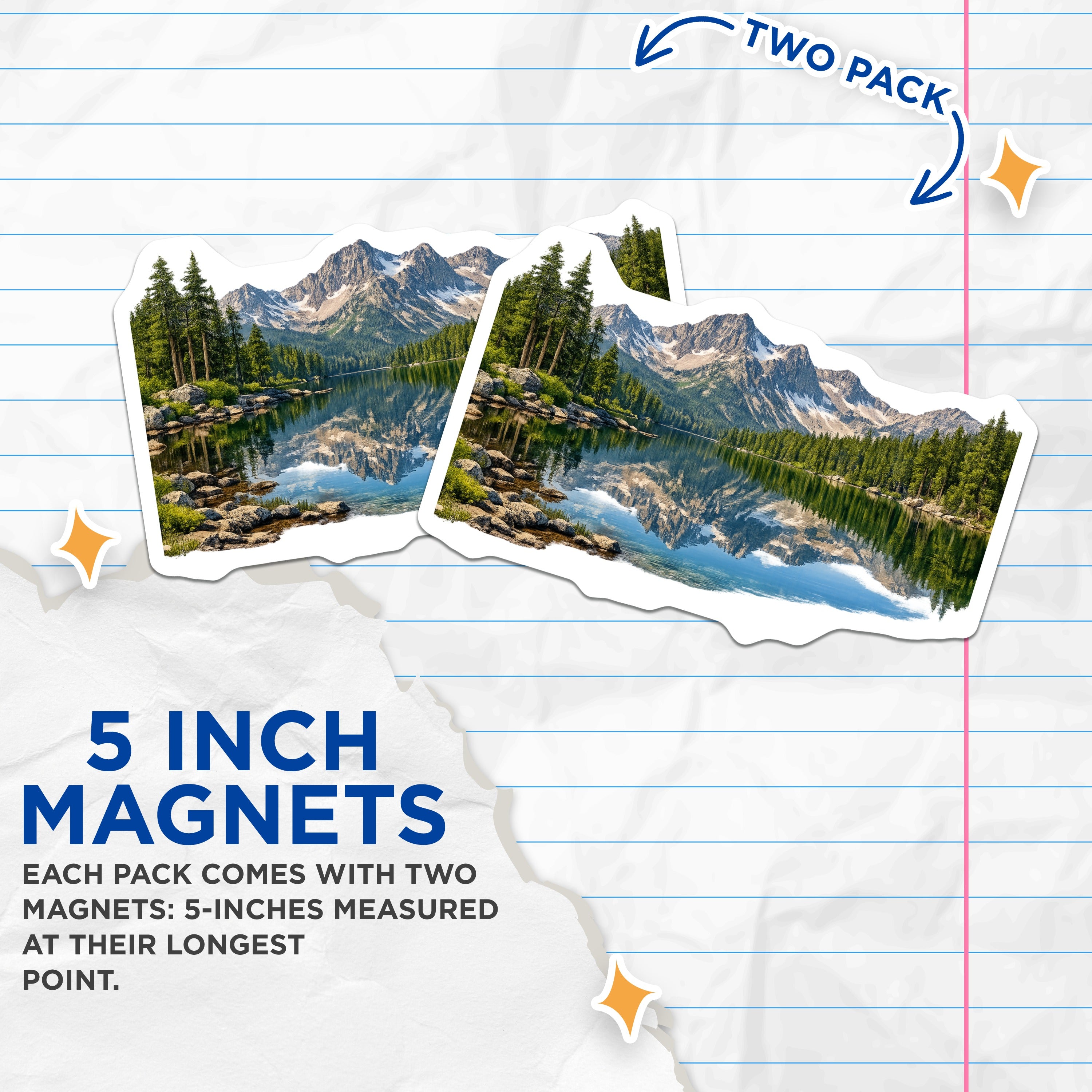 (2 Pack) Mountain Lake Reflection Magnets - Evergreen Forest Scenic View - Wilderness Refrigerator Art Cabin Decor - 5 Inches On Longest Side - Thick Durable Magnet - Made in USA - MAG36976