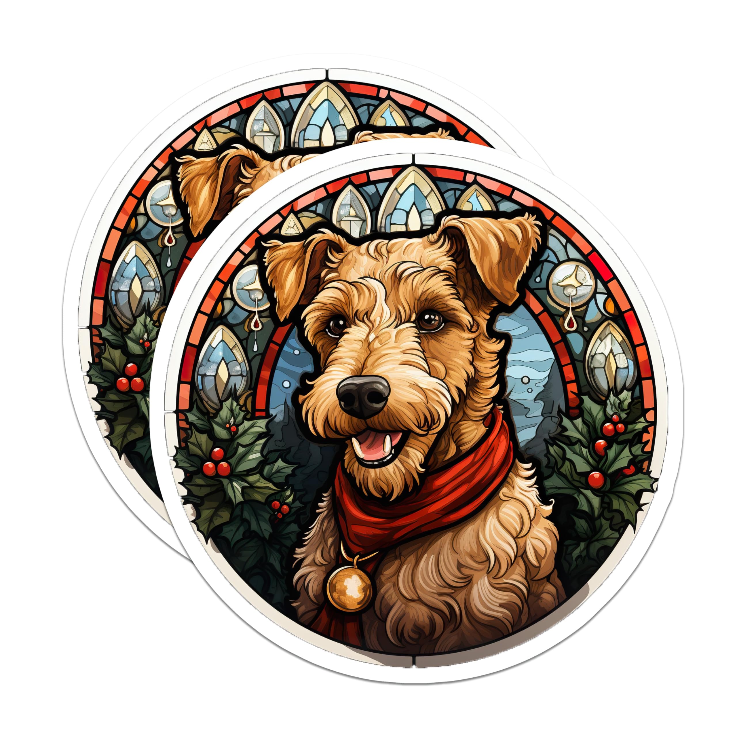 (2 Pack) Christmas Terrier Dog Magnets - Stained Glass Pet Decor - Holiday Winter Magnets - 5 Inches On Longest Side - Thick Durable Magnet - Made in USA - MAG30381