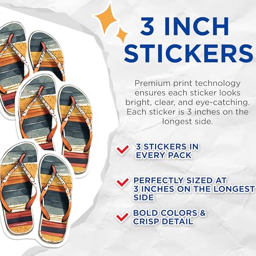 (3 Pack) Flip Flops Decals - Beach Theme - Summer Footwear - 3 Inches On Longest Side - Easy Peel & Apply - Made in USA - 3MCS8096
