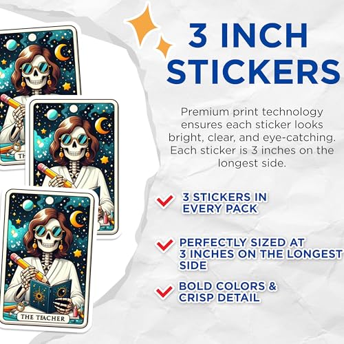 (3 Pack) Teacher Tarot Card Decals - Skeleton Educator - Halloween Stickers - 3 Inches On Longest Side - Easy Peel & Apply - Made in USA - 3MCS4276