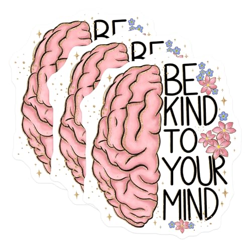 (3 Pack) Be Kind to Your Mind Decals - Mental Health Stickers - Floral Brain Stickers - 3 Inches On Longest Side - Easy Peel & Apply - Made in USA - 3MCS2938