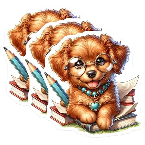 (3 Pack) Smart Puppy Decals - Cute Dog with Glasses - Book Lover Decals - 3 Inches On Longest Side - Easy Peel & Apply - Made in USA - 3MCS8156