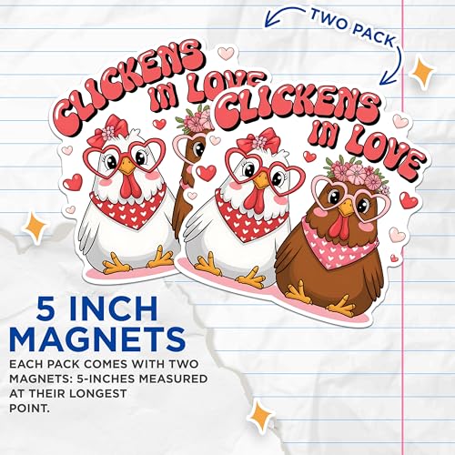 (2 Pack) Clickens in Love Magnets - Cute Chicken Magnets - Heart Shaped Sunglass Chicken Magnets - Valentine's Day Magnets- 5" On Longest Side - for Fridges, Toolboxes, Cars - Made in USA - MAG3050