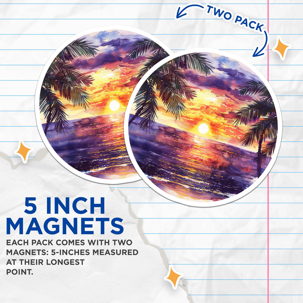 (2 Pack) Tropical Sunset Magnets - Beach Ocean Scene - Watercolor Palm Tree Art - Coastal Home Decor - Summer Vacation Vibes - 5 Inches On Longest Side - Thick Durable Magnet - Made in USA - MAG37957