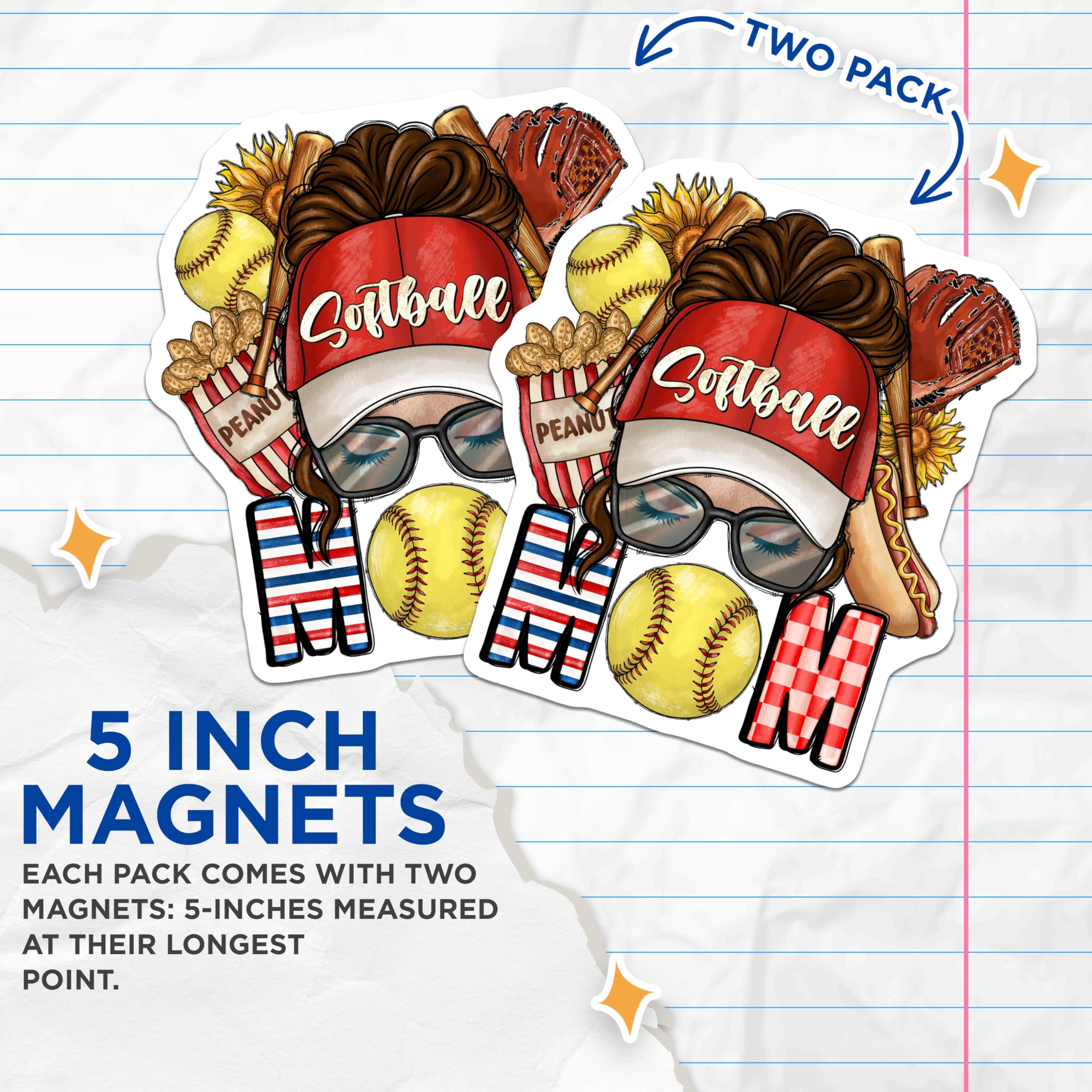(2 Pack) Softball Mom Magnets - Messy Bun Game Day Baseball - Fan Team Spirit Decoration - Season Sports Accessory - 5 Inches On Longest Side - Thick Durable Magnet - Made in USA - MAG24101