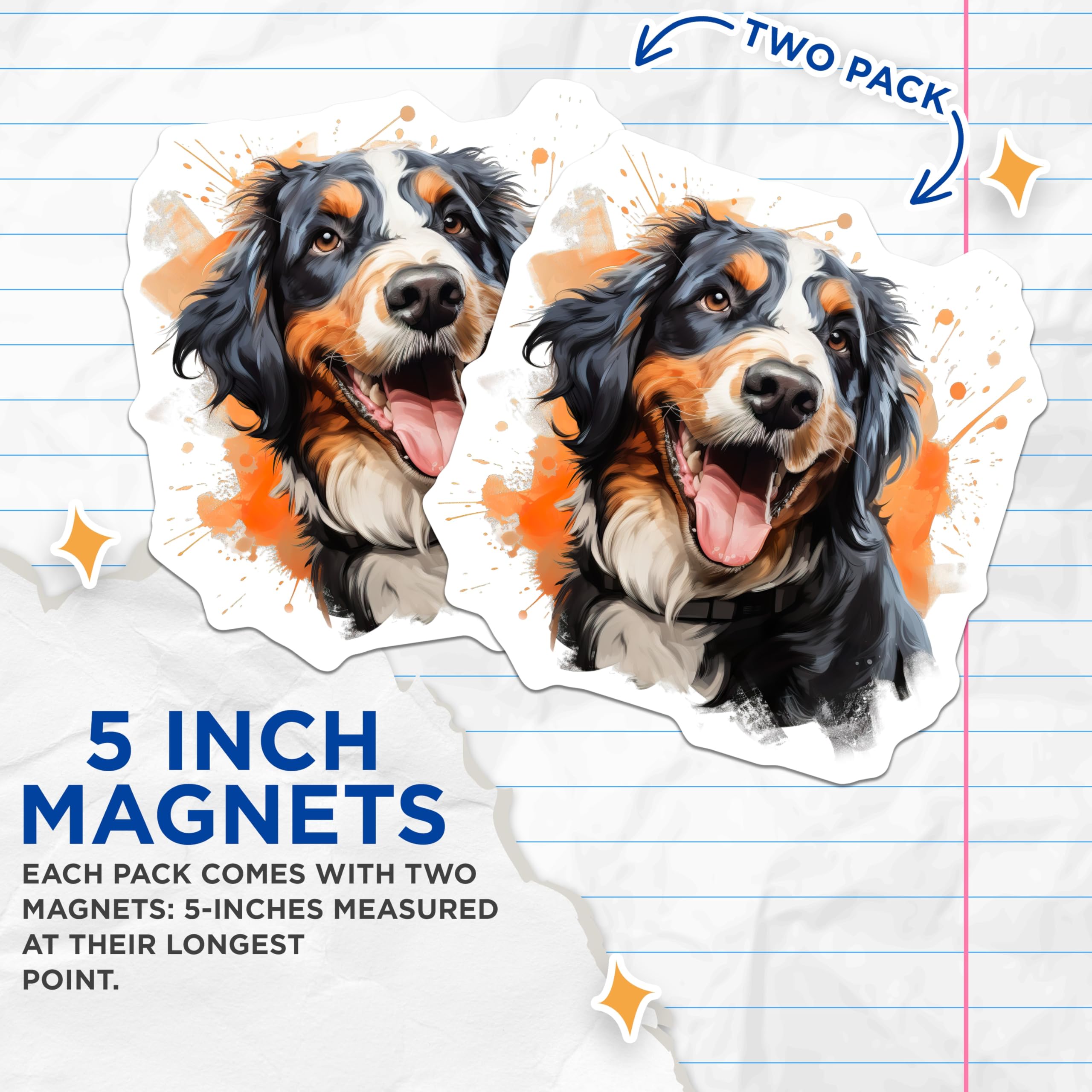 (2 Pack) Bernese Mountain Dog Magnets - Happy Berner Art - Pet Lover Owner Decor - 5 Inches On Longest Side - Thick Durable Magnet - Made in USA - MAG28834