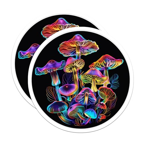 (2 Pack) Mushroom Stickers - Neon Psychedelic Mushroom - Trippy Mushroom Art - 5" On Longest Side - Sticks to Smooth Flat Surfaces - Made in USA - BMCS6567