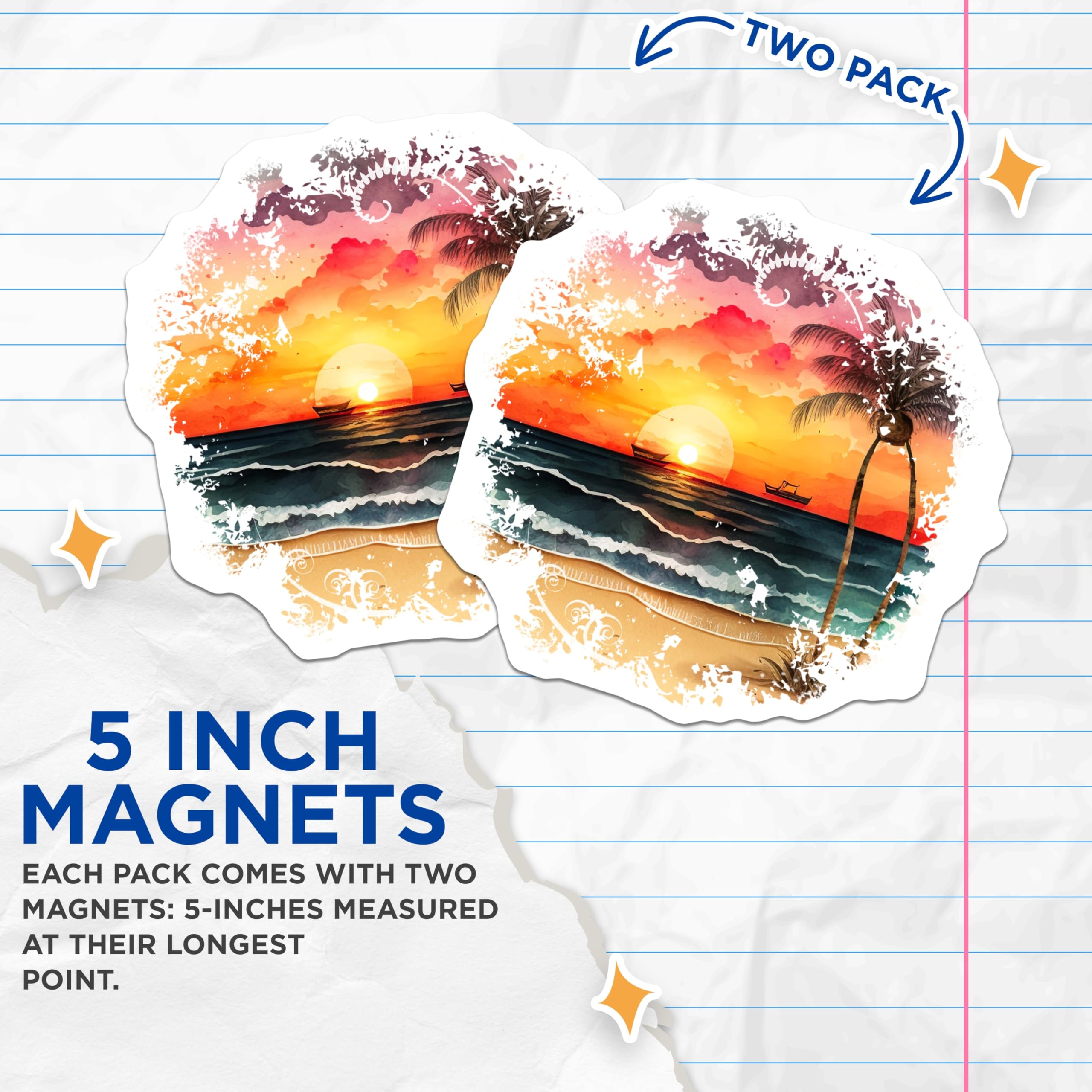 (2 Pack) Watercolor Beach Sunset Magnets - Tropical Ocean Art - Coastal Decor Accent - 5 Inches On Longest Side - Thick Durable Magnet - Made in USA - MAG28649