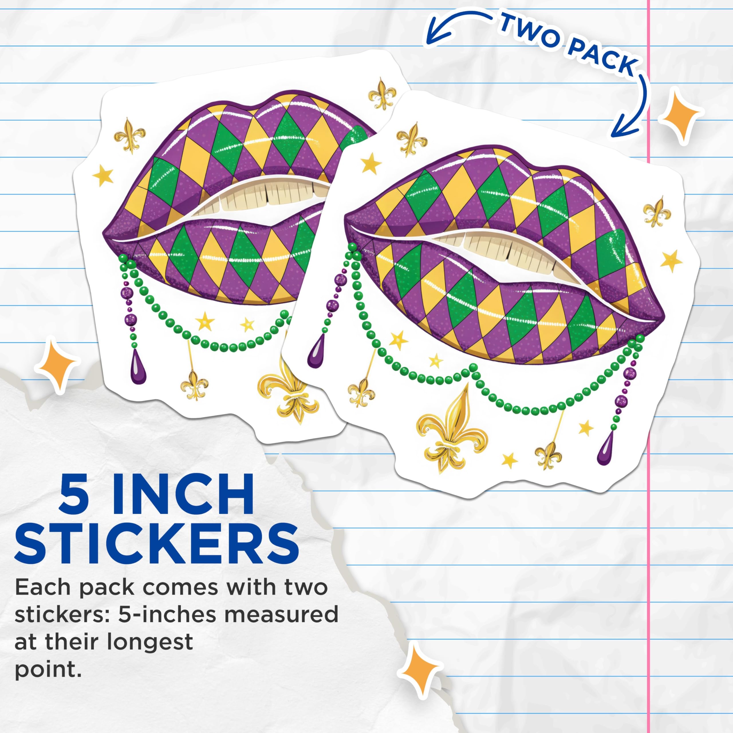 (2 Pack) Mardi Gras Lips Stickers - Colorful Lipstick - Festive Mardi Gras Decoration - 5" On Longest Side - Sticks to Smooth Flat Surfaces - Made in USA - BMCS5771