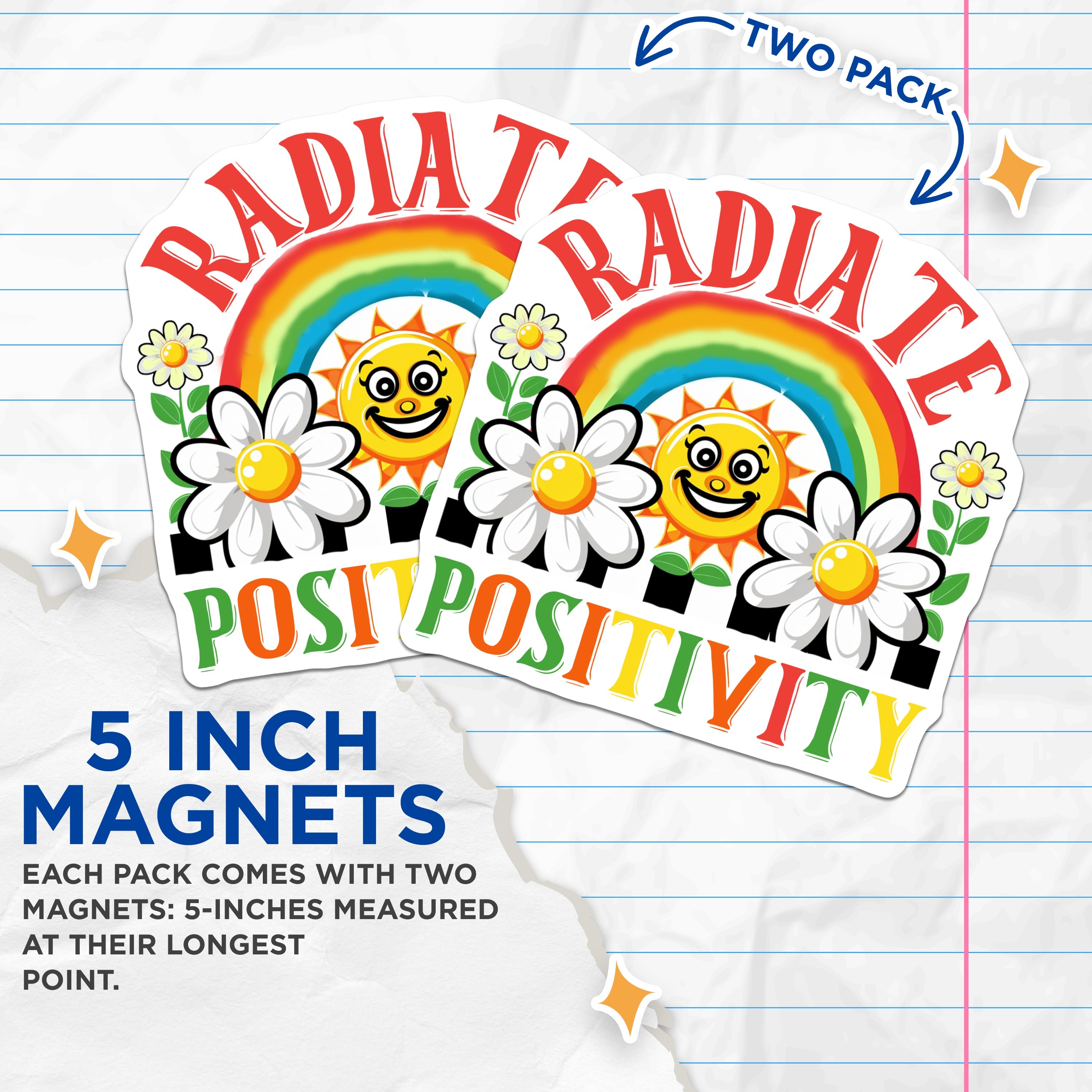 (2 Pack) Radiate Positivity Magnets - Groovy Retro Decor - Happy Sun Rainbow Daisies - Affirmation Message - Good Vibes Fridge Locker Magnet - 5" - Durable Magnet - Made in USA - MAG38716