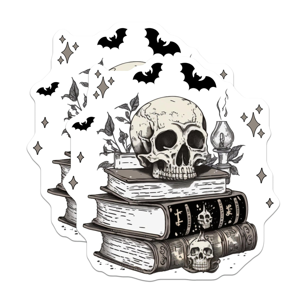 (2 Pack) Skull and Books Stickers - Halloween Decor - Gothic Library Decor - Horror Skull Art - 5" On Longest Side - Sticks to Smooth Flat Surfaces - Made in USA - BMCS8822 - Spooky Sticker Set