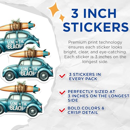 (3 Pack) Gone to The Beach Decals - Surfboard Car - Summer Vibes Stickers - 3 Inches On Longest Side - Easy Peel & Apply - Made in USA - 3MCS8058