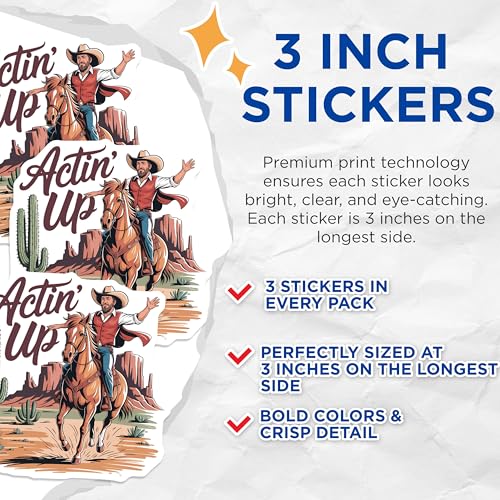 (3 Pack) Cowboy Horse Decals - Western Decor - Act Up - Laptop Decals - 3 Inches On Longest Side - Easy Peel & Apply - Made in USA - 3MCS8325