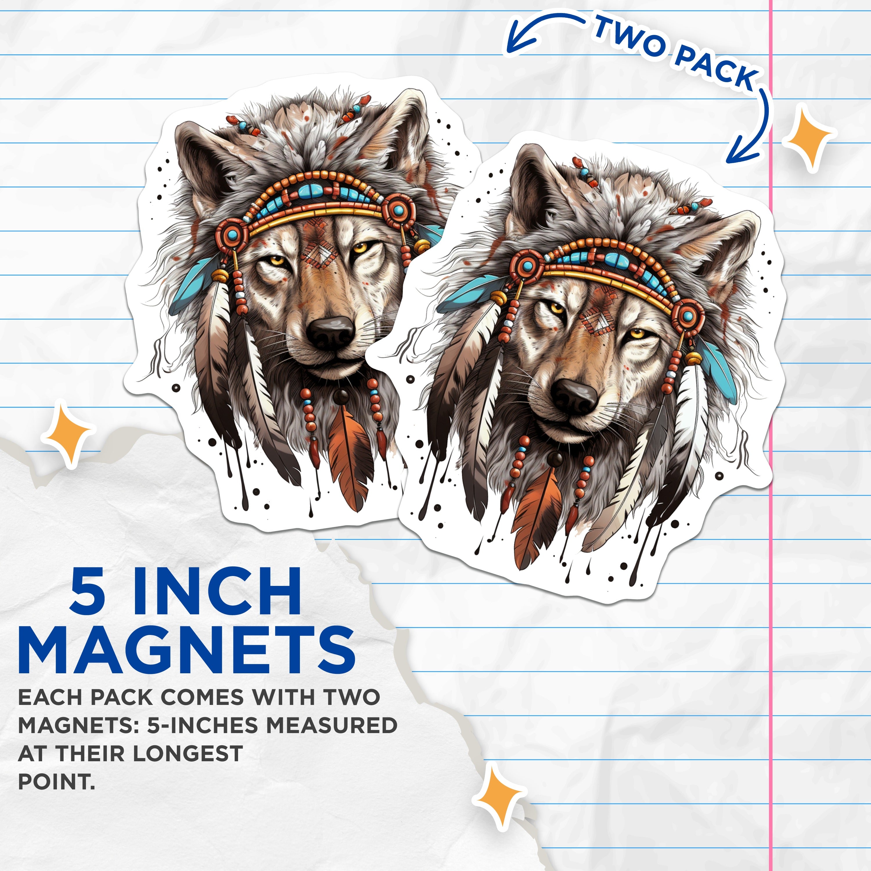 (2 Pack) Tribal Wolf Head Magnets - Boho Spirit Animal Decor - Mystical Feathered Fridge Magnet Set - 5 Inches On Longest Side - Thick Durable Magnet - Made in USA - MAG39924