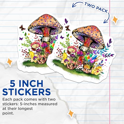 (2 Pack) Colorful Mushroom Stickers - Psychedelic Nature Stickers - Trippy Art Stickers - 5" On Longest Side - Sticks to Smooth Flat Surfaces - Made in USA - BMCS4728