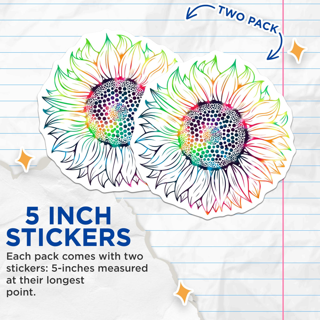 (2 Pack) Rainbow Sunflower Stickers - Floral Decal - Colorful Flower Sticker - 5" On Longest Side - Sticks to Smooth Flat Surfaces - Made in USA - BMCS17159