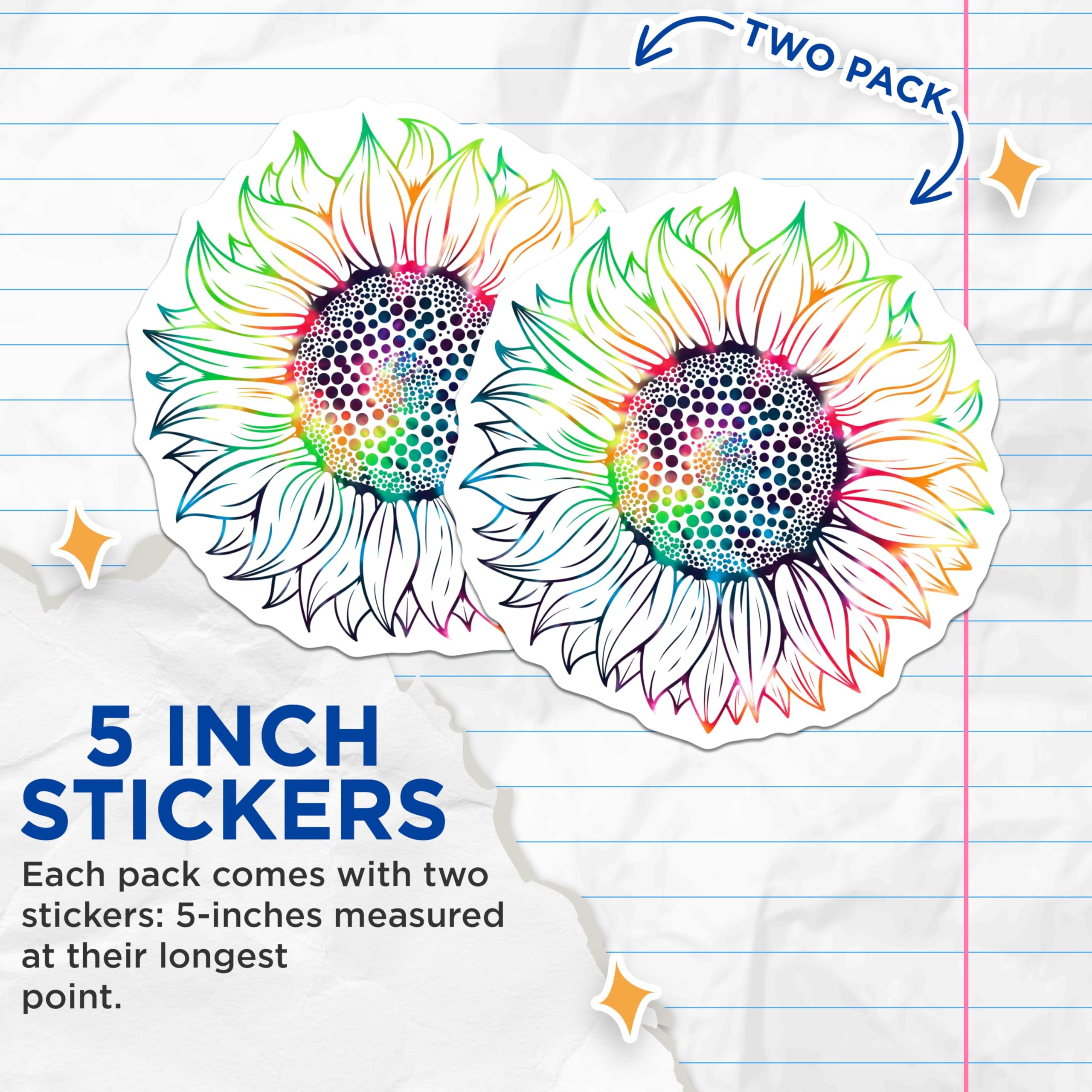 (2 Pack) Rainbow Sunflower Stickers - Floral Decal - Colorful Flower Sticker - 5" On Longest Side - Sticks to Smooth Flat Surfaces - Made in USA - BMCS17159