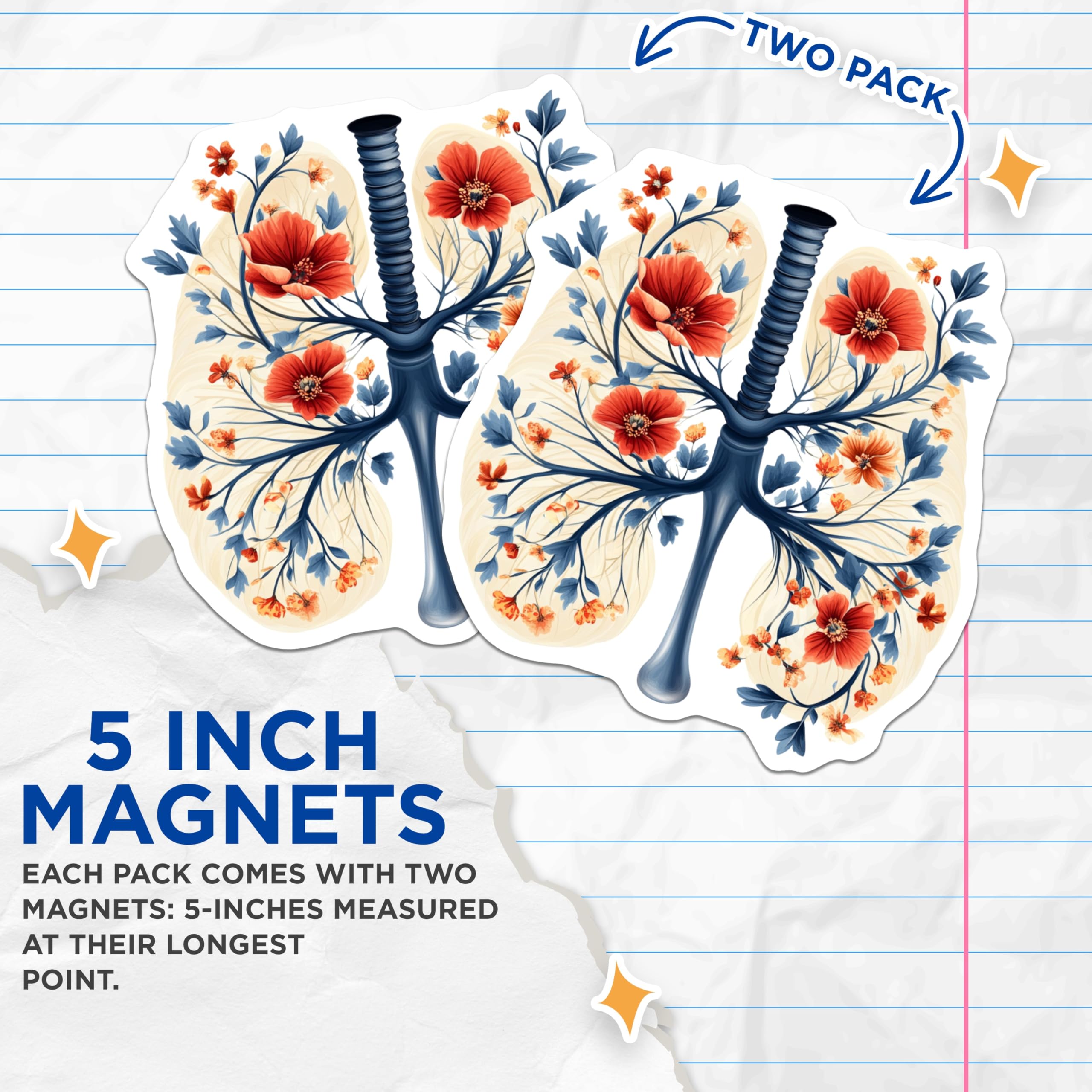(2 Pack) Floral Lungs Magnets - Anatomical Art Decor - Respiratory System Medical Student - 5 Inches On Longest Side - Thick Durable Magnet - Made in USA - MAG30583