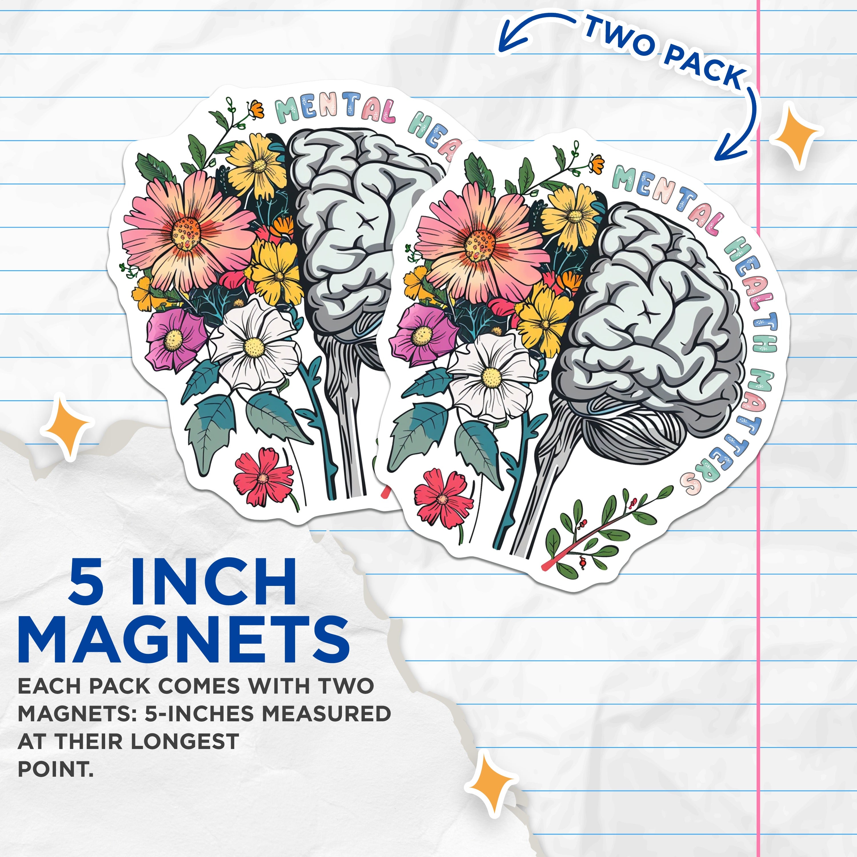 (2 Pack) Mental Health Matters Magnets - Floral Brain Art - Self Care Awareness Decor - 5 Inches On Longest Side - Thick Durable Magnet - Made in USA - MAG36899