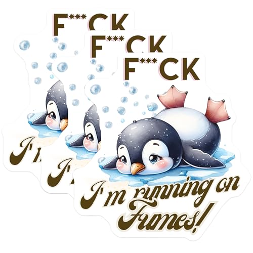 (3 Pack) Penguin Decals - Funny Penguin Laptop Decals - Running on Fumes Sticker- 3 Inches On Longest Side - Easy Peel & Apply - Made in USA - 3MCS5385