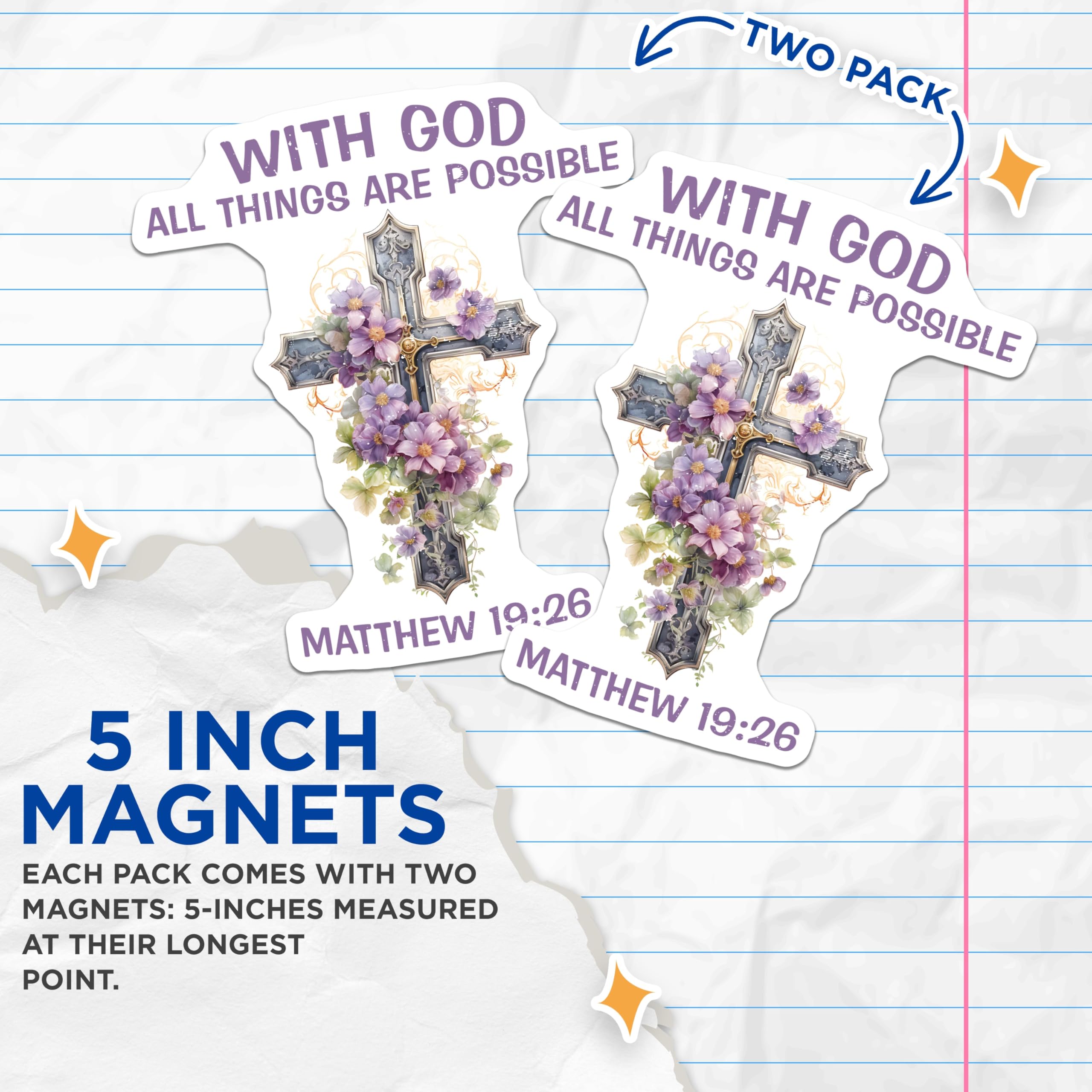 (2 Pack) Christian Cross Magnets - Matthew 19:26 Scripture - Floral Religious Faith Decor - 5 Inches On Longest Side - Thick Durable Magnet - Made in USA - MAG27707
