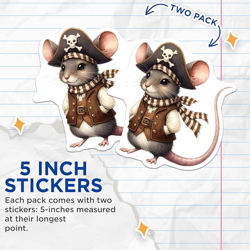 (2 Pack) Pirate Mouse Stickers - Cute Animal Decal - Kids Room Decor - 5" On Longest Side - Sticks to Smooth Flat Surfaces - Made in USA - BMCS7156