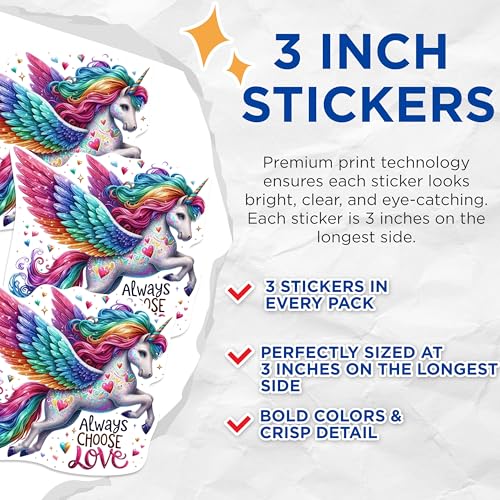 (3 Pack) Rainbow Unicorn Decals - Always Choose Love - Magical Creature Stickers - 3 Inches On Longest Side - Easy Peel & Apply - Made in USA - 3MCS1022