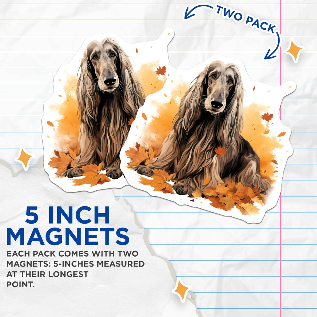 (2 Pack) Afghan Hound Magnets - Autumn Fall Leaves - Dog Breed Art Decor - 5 Inches On Longest Side - Thick Durable Magnet - Made in USA - MAG23581