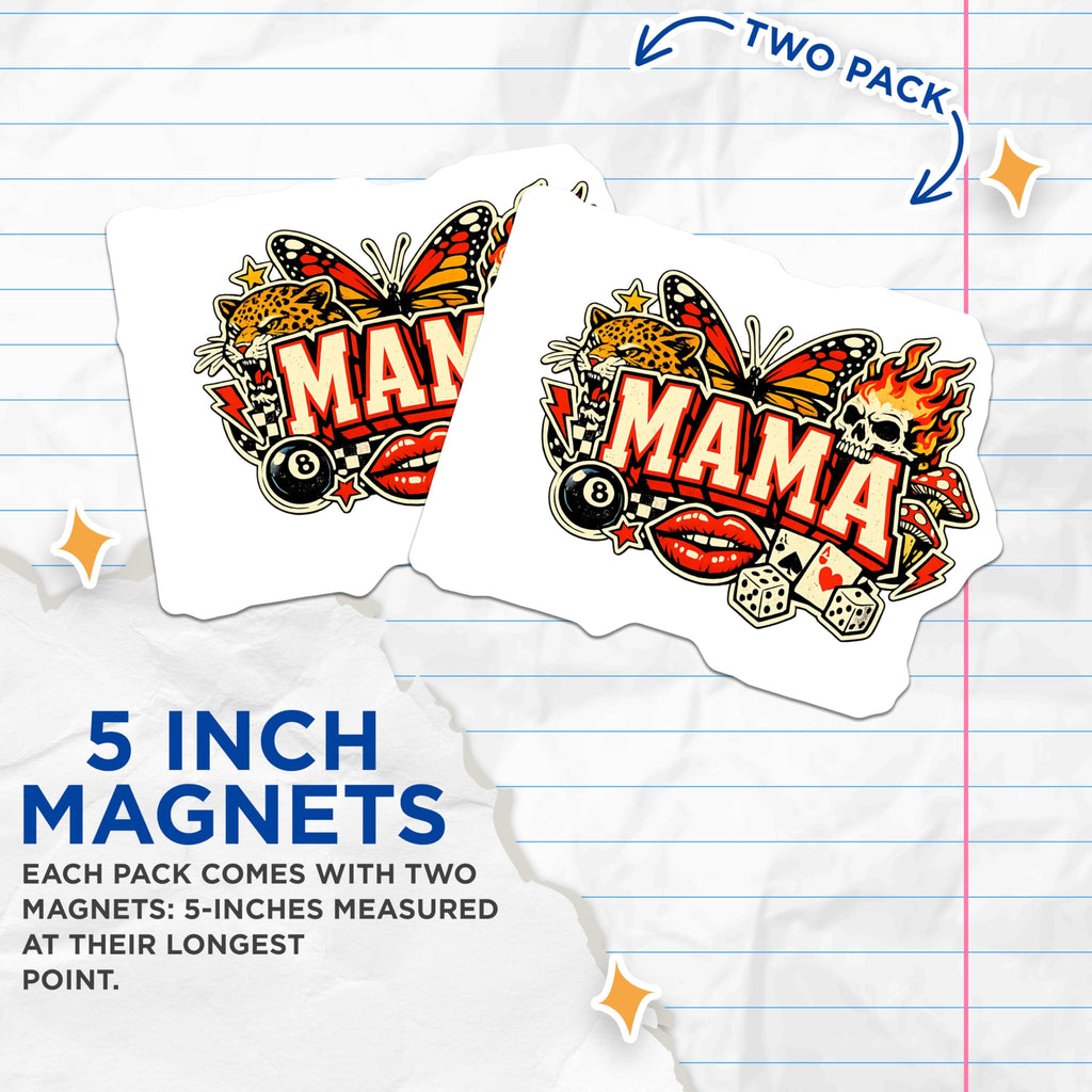 (2 Pack) Mama Magnets - Flaming Skull Leopard Butterfly - Edgy Rockabilly Tattoo Style Decor - 5 Inches On Longest Side - Thick Durable Magnet - Made in USA - MAG20341
