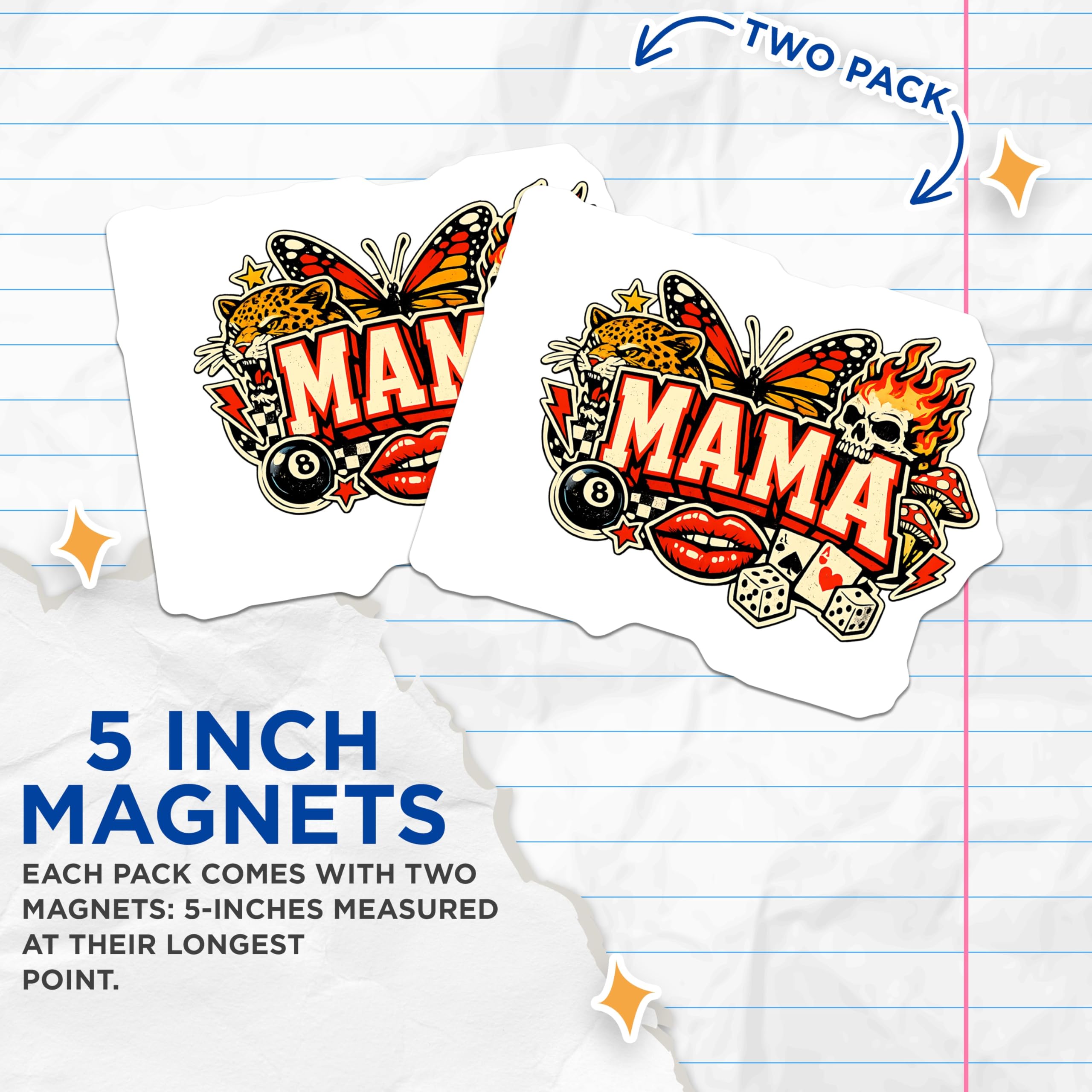 (2 Pack) Mama Magnets - Flaming Skull Leopard Butterfly - Edgy Rockabilly Tattoo Style Decor - 5 Inches On Longest Side - Thick Durable Magnet - Made in USA - MAG20341