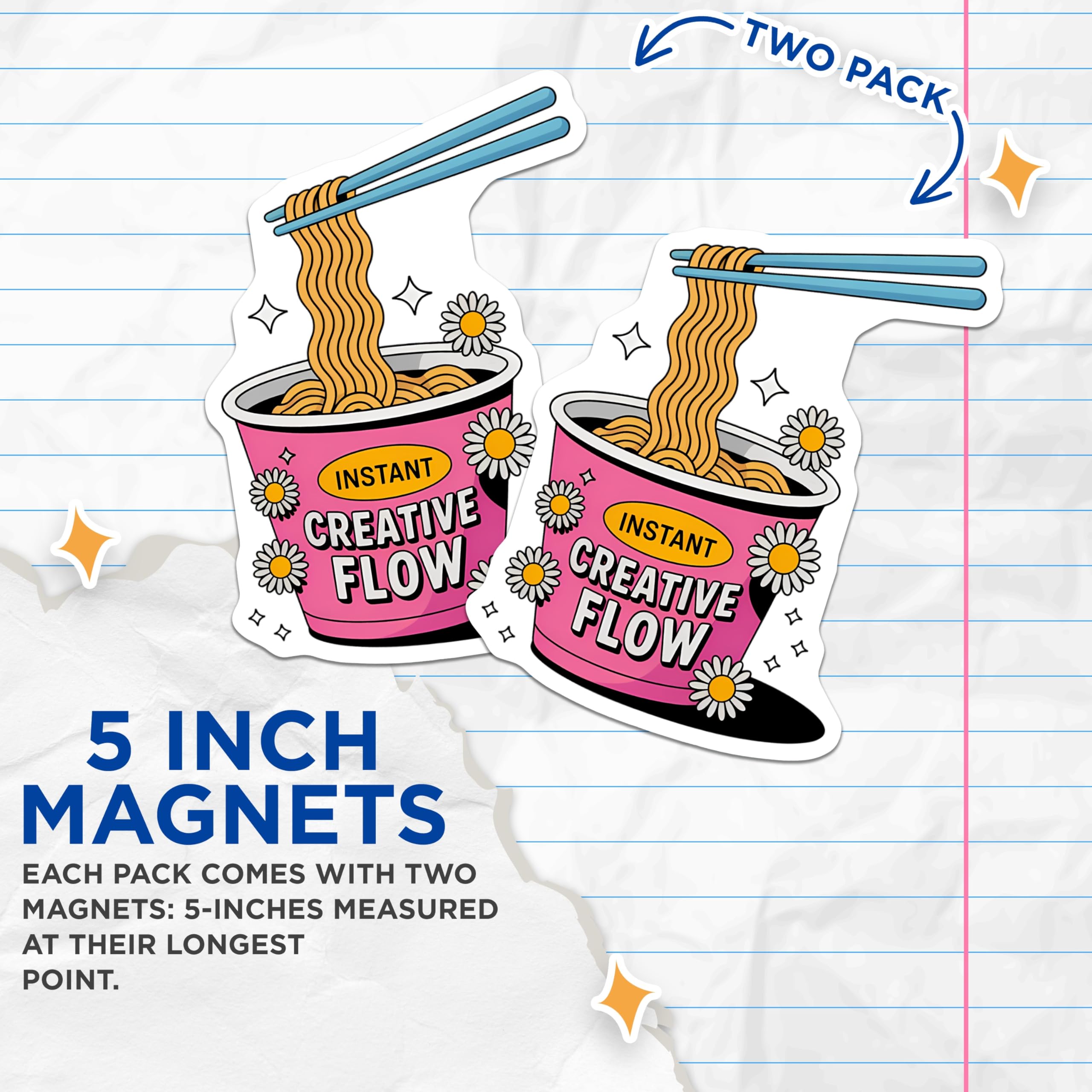 (2 Pack) Instant Creative Flow Noodle Magnets - Cute Aesthetic Ramen Cup Fridge Decor - Art Studio Office Motivation - 5 Inches On Longest Side - Thick Durable Magnet - Made in USA - MAG20504