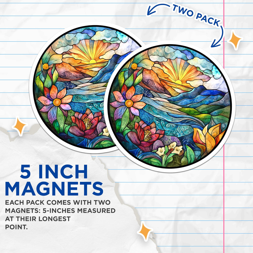 (2 Pack) Stained Glass Nature Magnets - Sunset Mountain Landscape - Vibrant Floral River Scene - 5 Inches On Longest Side - Thick Durable Magnet - Made in USA - MAG24833