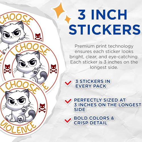 (3 Pack) I Choose Violence Decals - Grumpy Cat Sticker - Funny Laptop Decal - 3 Inches On Longest Side - Easy Peel & Apply - Made in USA - 3MCS6109