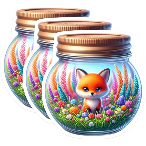 (3 Pack) Fox in Jar Decals - Cute Animal Sticker - Floral Decoration - 3 Inches On Longest Side - Easy Peel & Apply - Made in USA - 3MCS8119