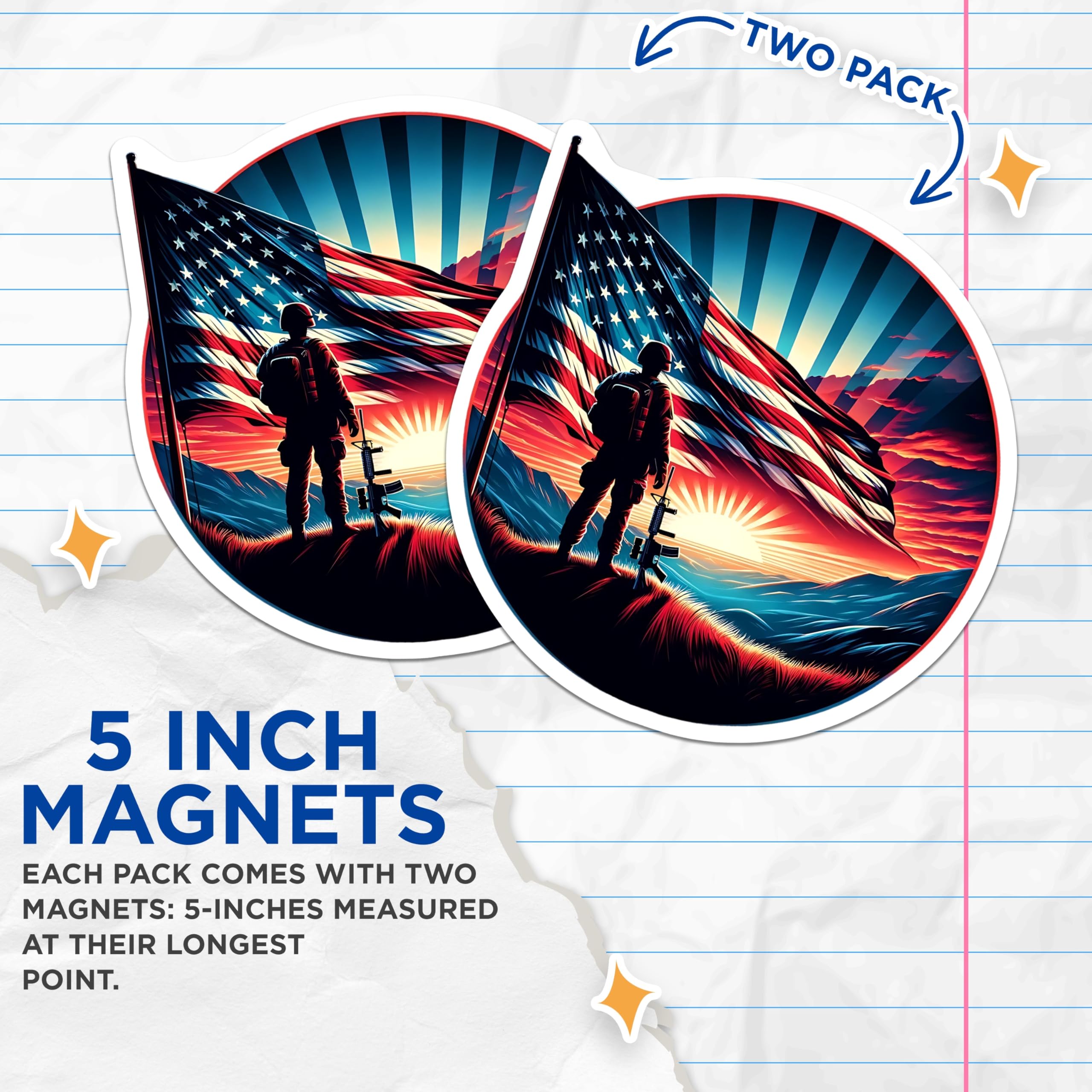 (2 Pack) American Flag Soldier Magnets - Patriotic Military Art - USA Pride Decor - 5" On Longest Side - Premium Magnet - for Cars, Refrigerators, Toolboxes, Lockers - Made in USA - MAG15851